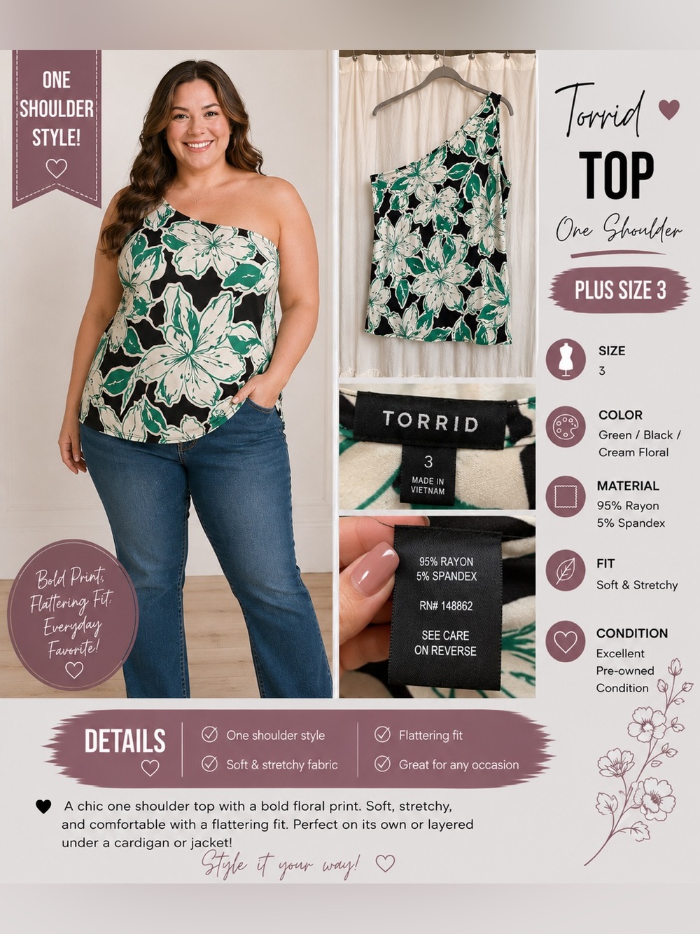 torrid One-Shoulder Floral Camisole in Green, Black & Cream